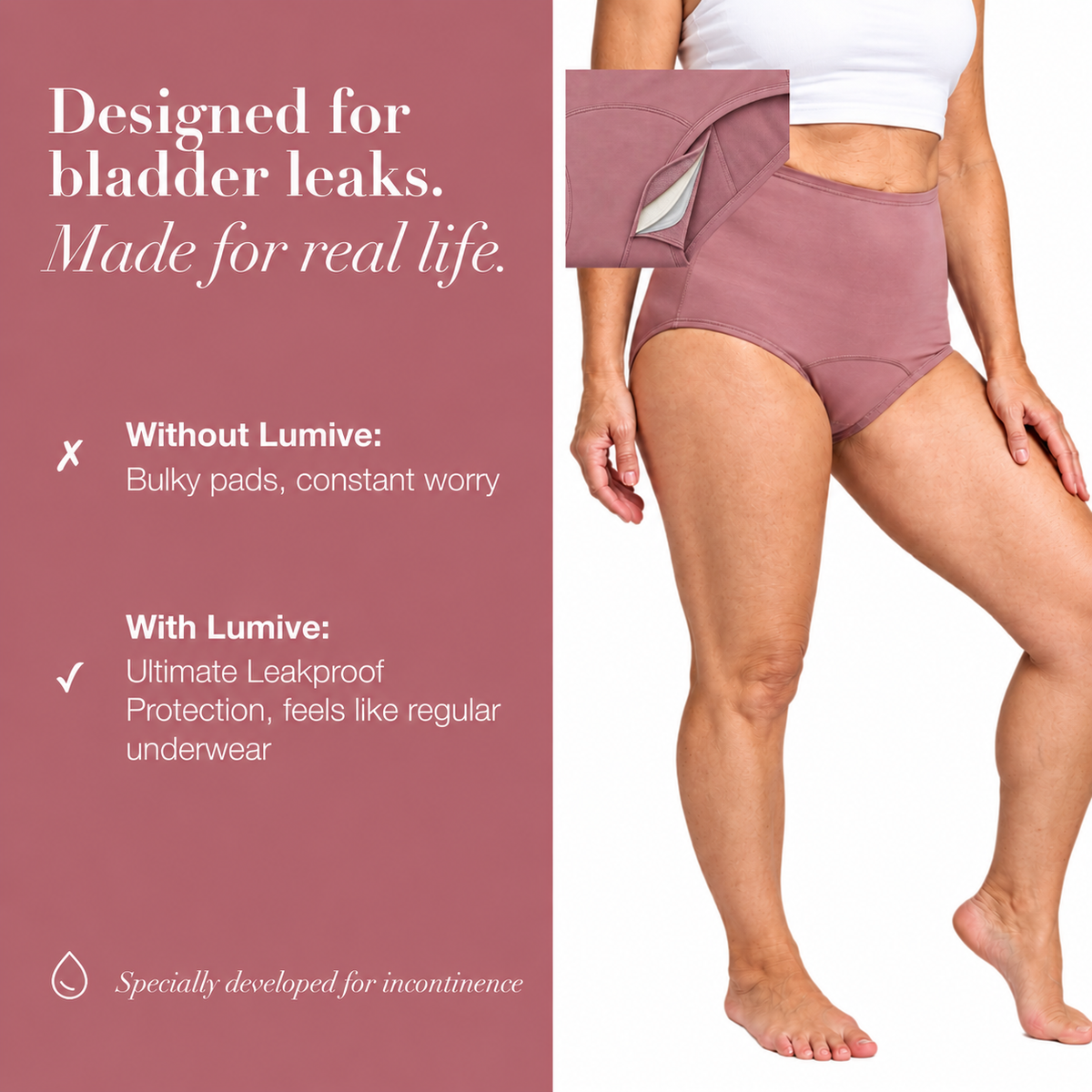 LUMIVE high-waisted underwear developed for bladder leaks